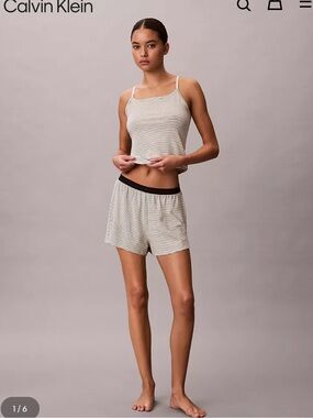 Calvin Klein Cream Stripe Cami & Shorts with Black Waistband